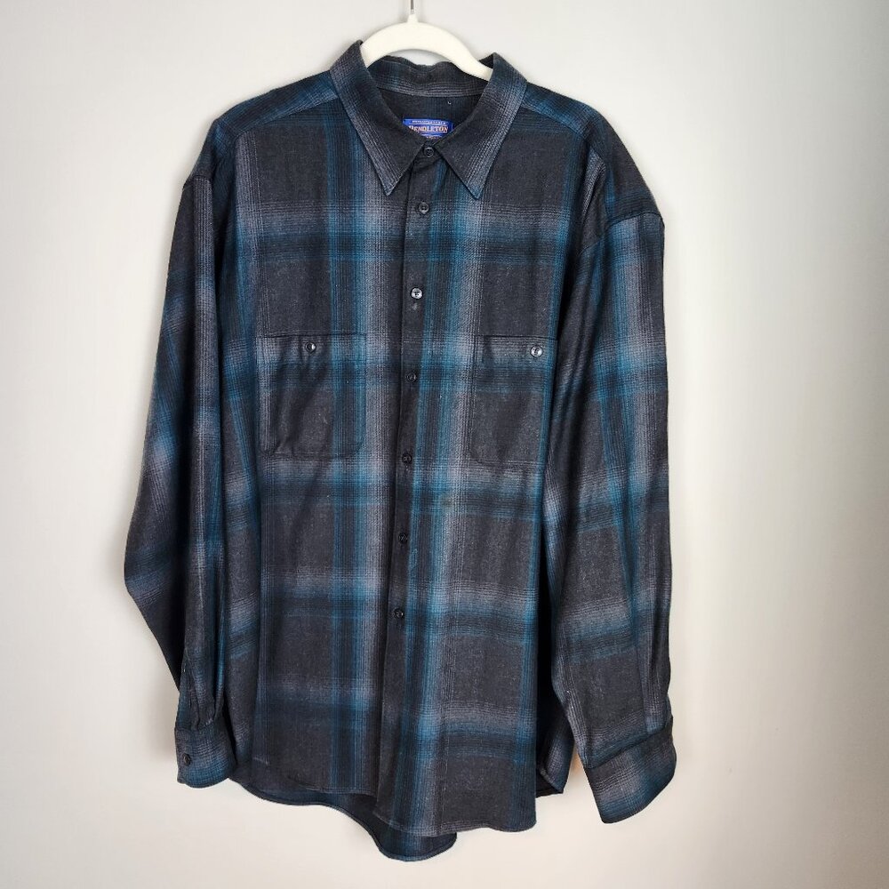 VTG Pendleton 100% Virgin Wool Mens Size XL Blue Gray Flannel Western Lumberjack